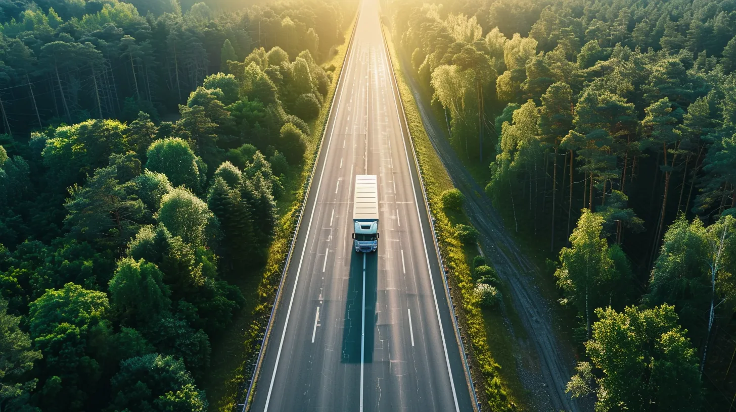 a powerful oversized auto transport truck, laden with a gleaming recreational vehicle, navigates a sunlit highway lined with vibrant green trees, showcasing the enormity and importance of specialized transportation solutions for large vehicles.