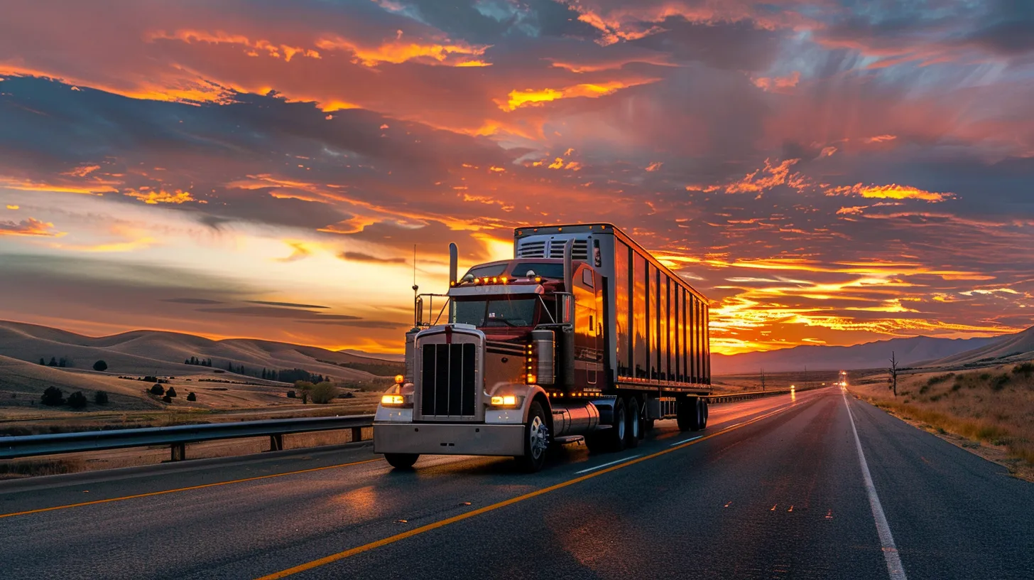 a powerful oversized transport truck, loaded with a gleaming heavy-duty vehicle, navigates a wide highway under a vibrant sunset, showcasing the efficiency and reliability of specialized auto transport services.