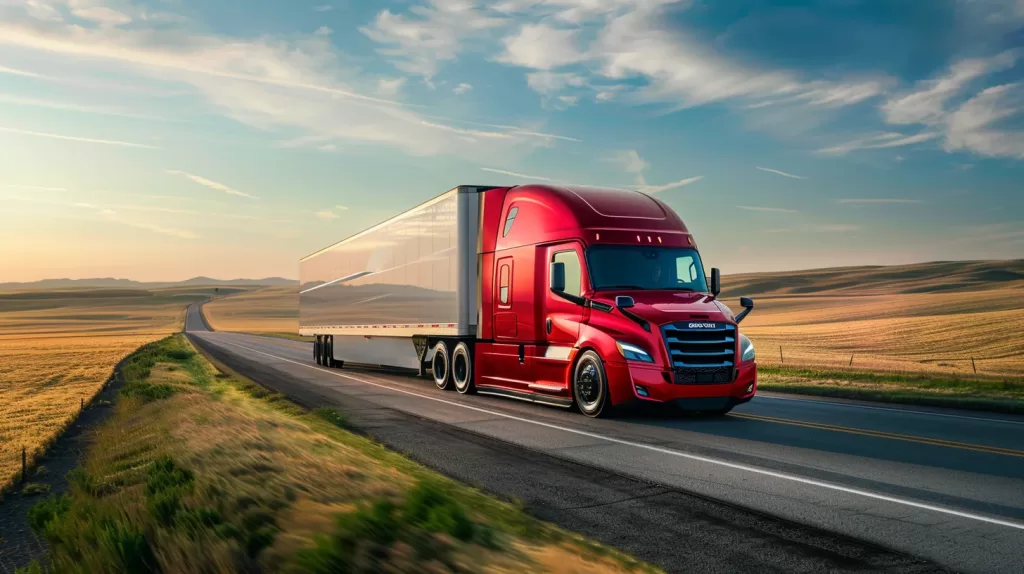 a powerful, vibrant red semi-truck speeds down a wide-open highway, flanked by golden fields under a brilliant blue sky, embodying the spirit of american trucking.