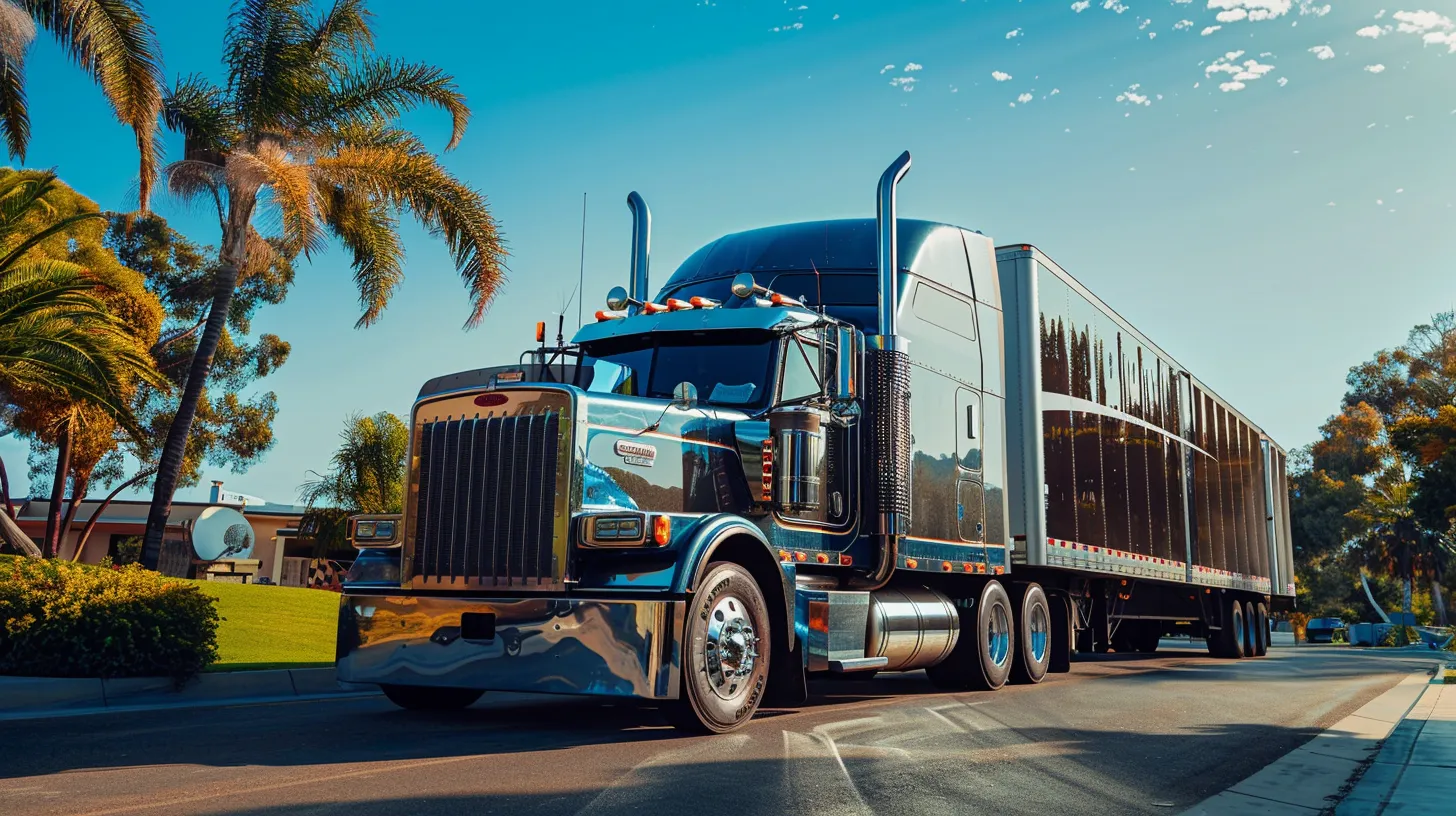 a reliable oversized auto transport truck stands majestically against a clear blue sky, showcasing its robust design and enclosed features while surrounded by lush greenery, emphasizing the importance of quality and trust in vehicle shipping services.