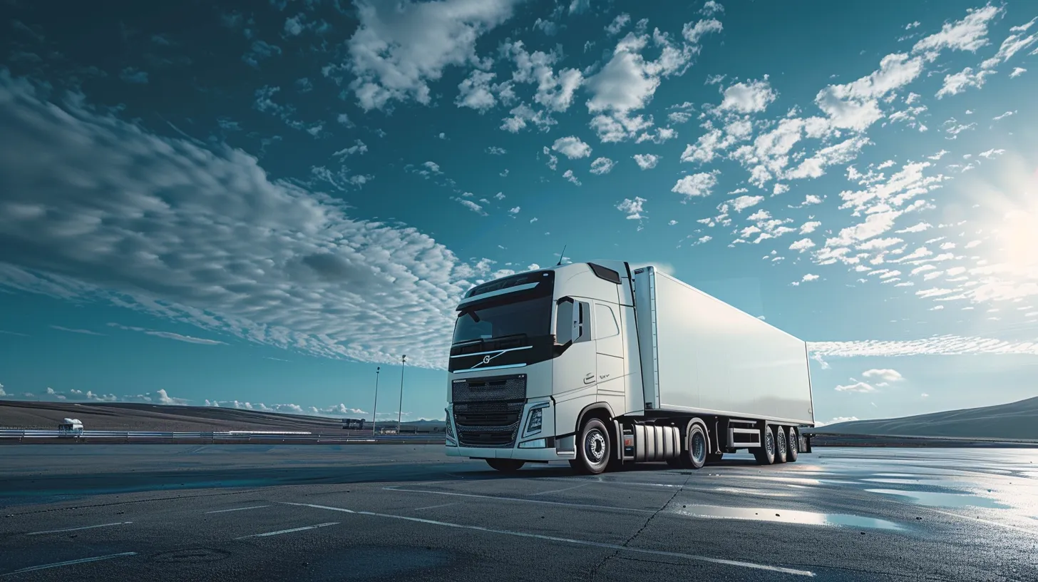 a sleek, modern refrigerated transport truck is parked against a bright blue sky, with vivid products visibly chilled inside, symbolizing reliability and quality in logistics.