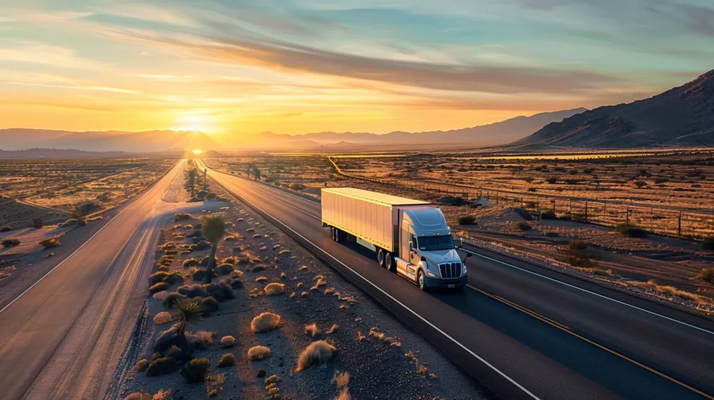 a sleek, modern refrigerated truck glides down a sunlit arizona highway, with digital temperature displays glowing inside, symbolizing advanced technology and reliability in food transport.